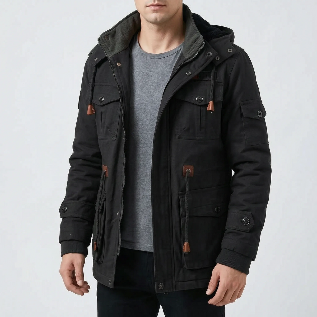 Men's hooded utility winter coat with multiple flap pockets