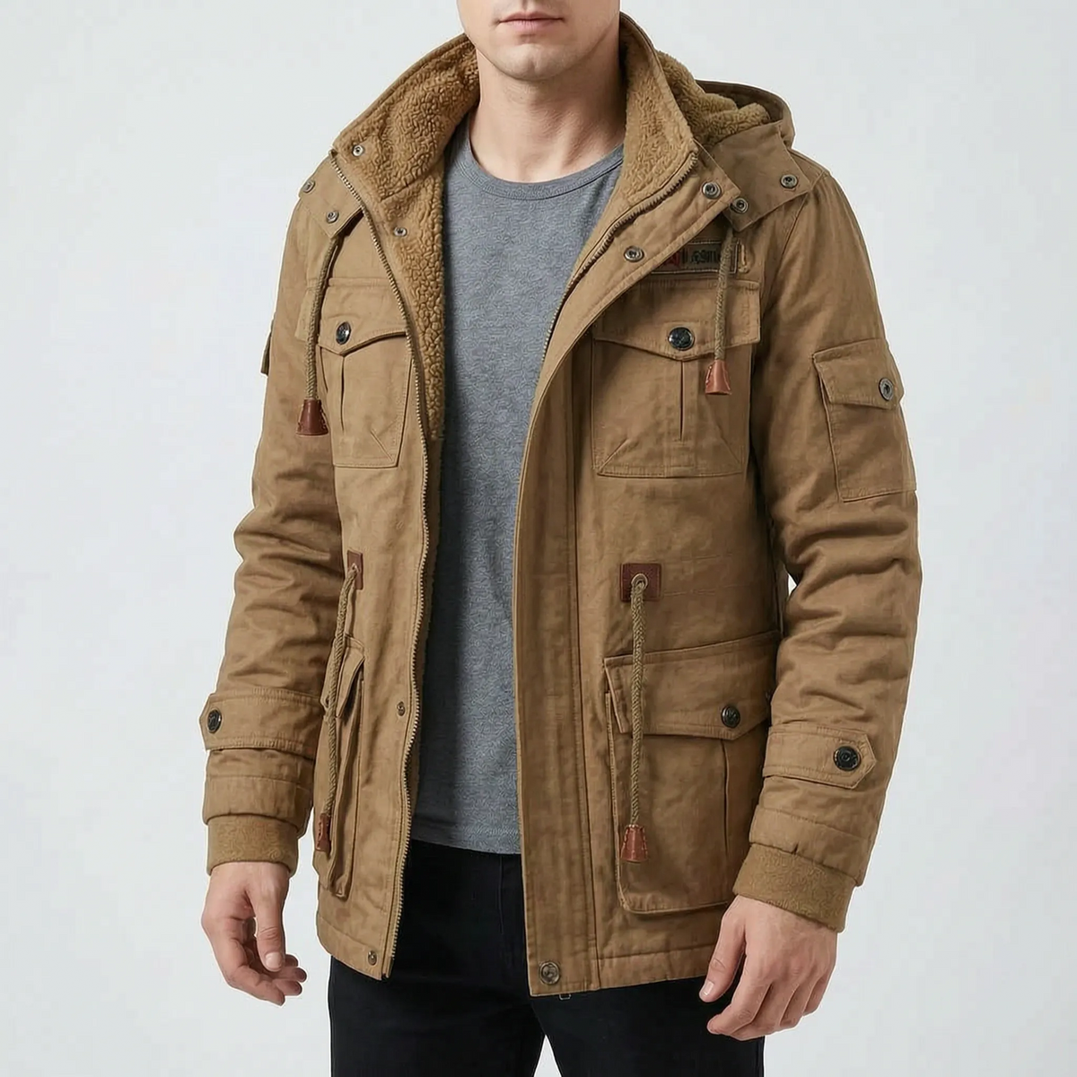 Men's hooded utility winter coat with multiple flap pockets