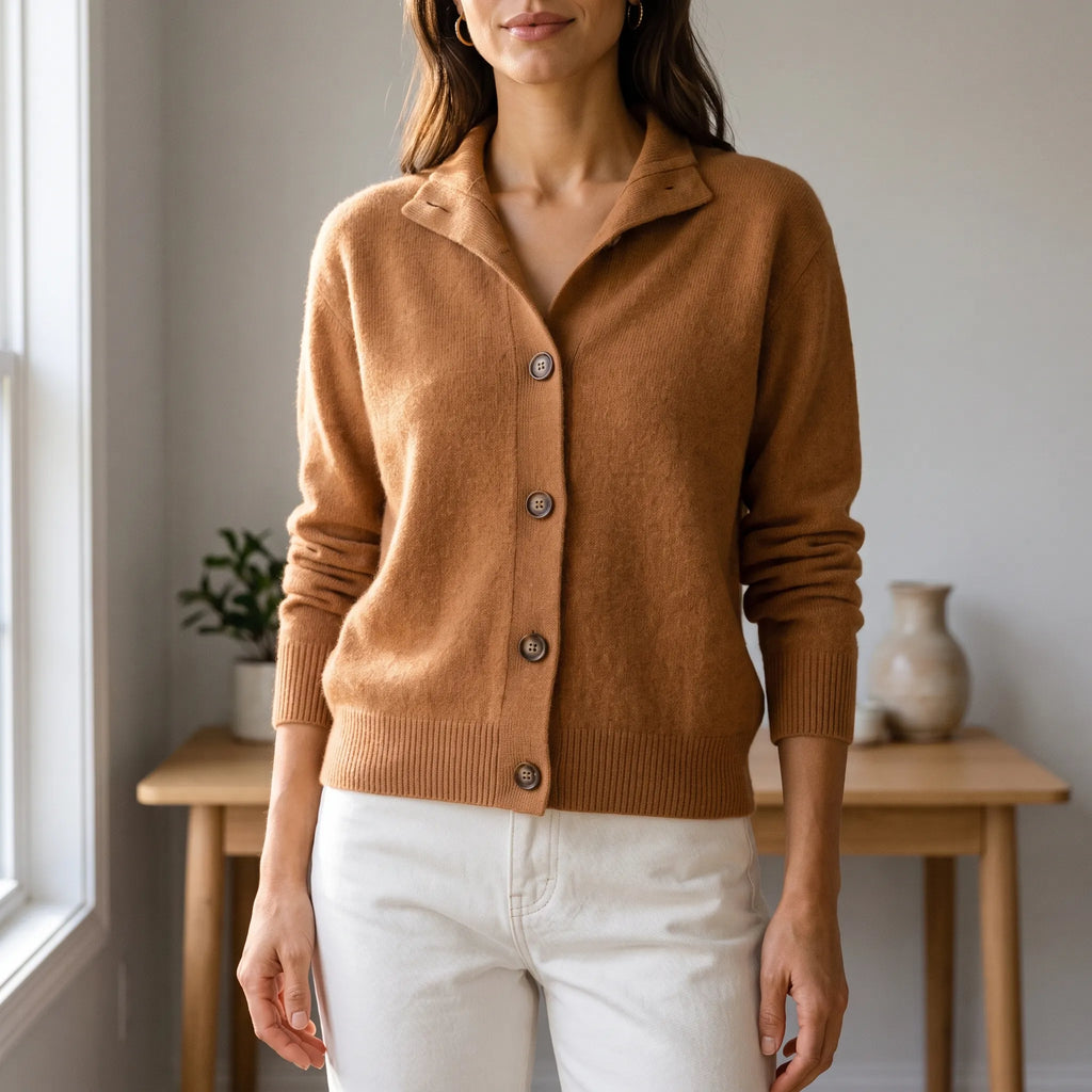 Women's collared textured knit cardigan with long sleeves and button front