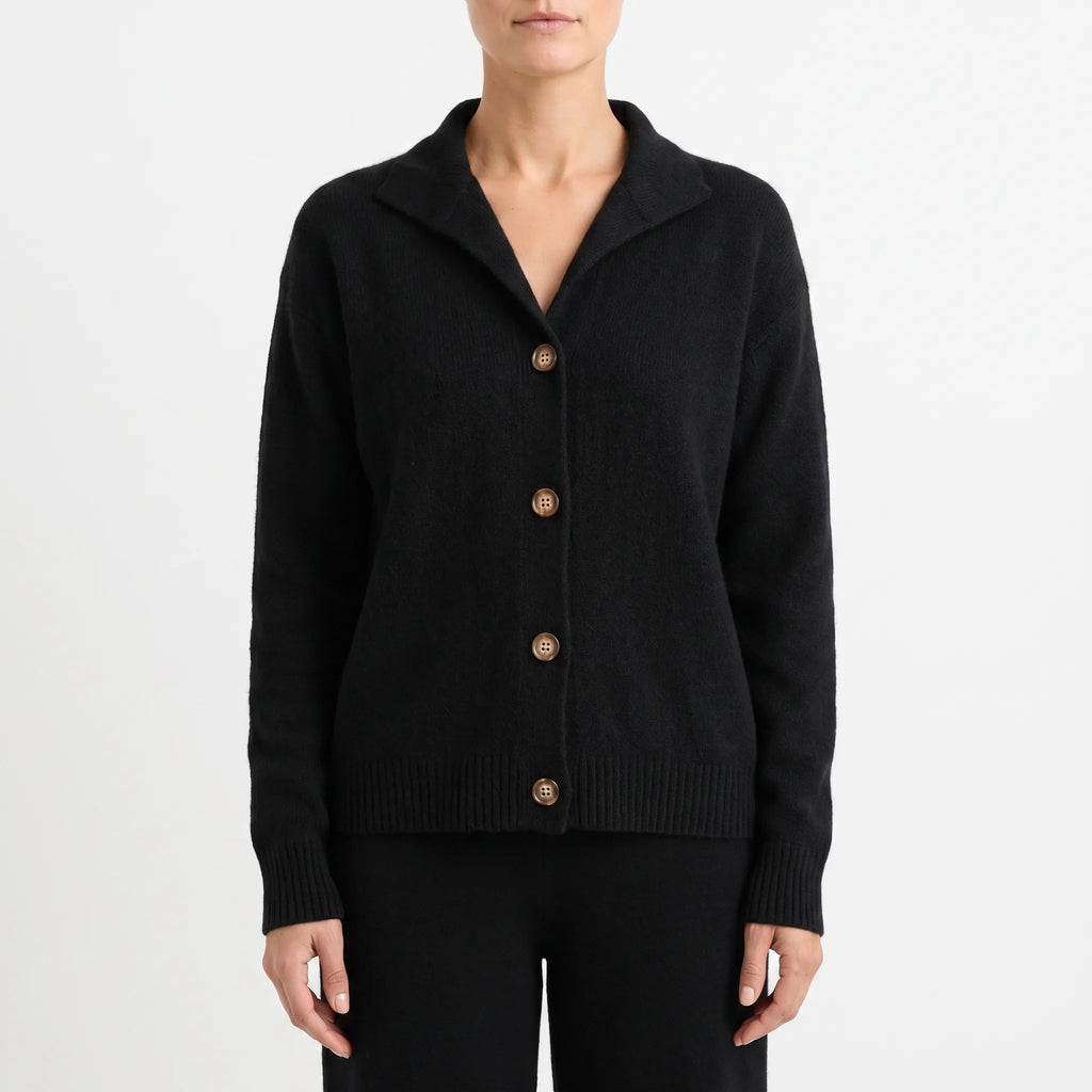 Women's collared textured knit cardigan with long sleeves and button front