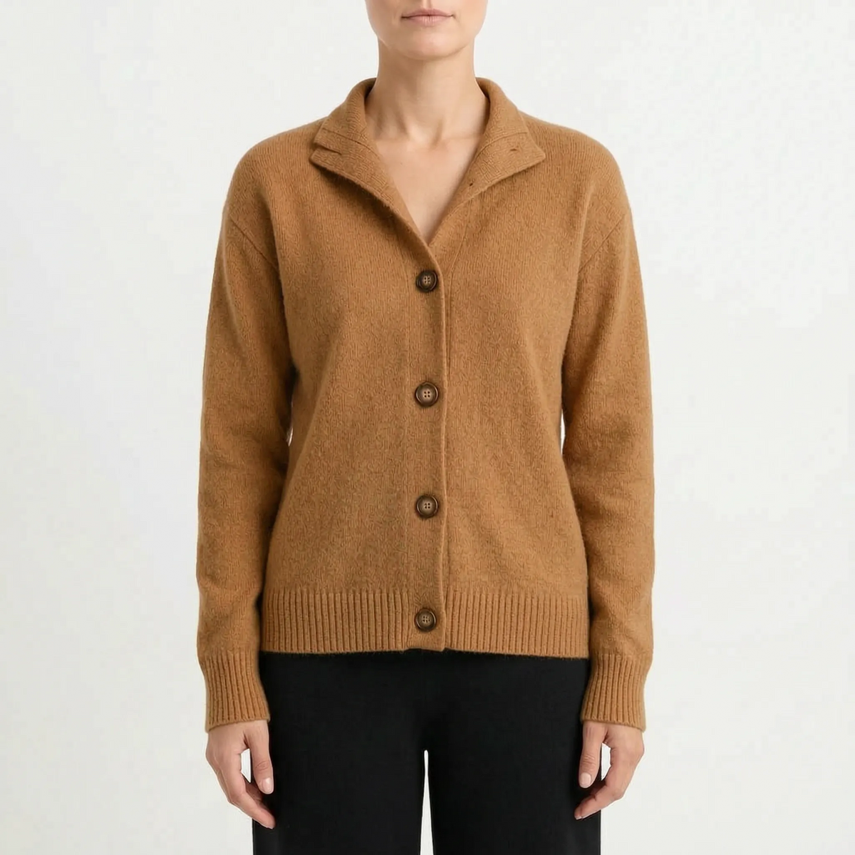 Women's collared textured knit cardigan with long sleeves and button front