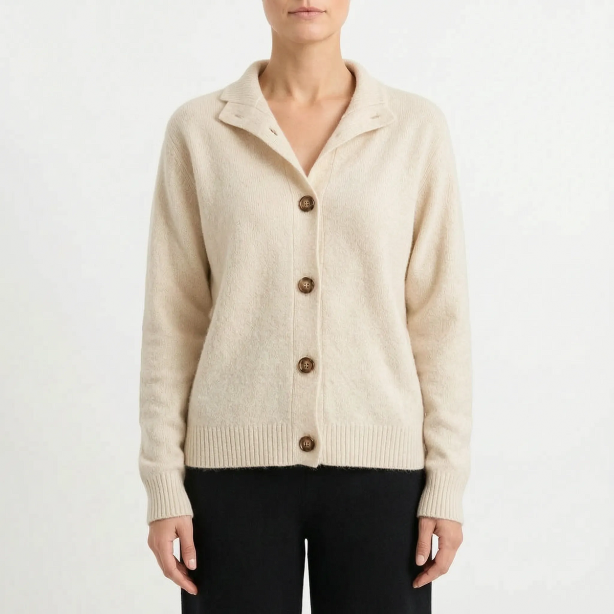 Women's collared textured knit cardigan with long sleeves and button front