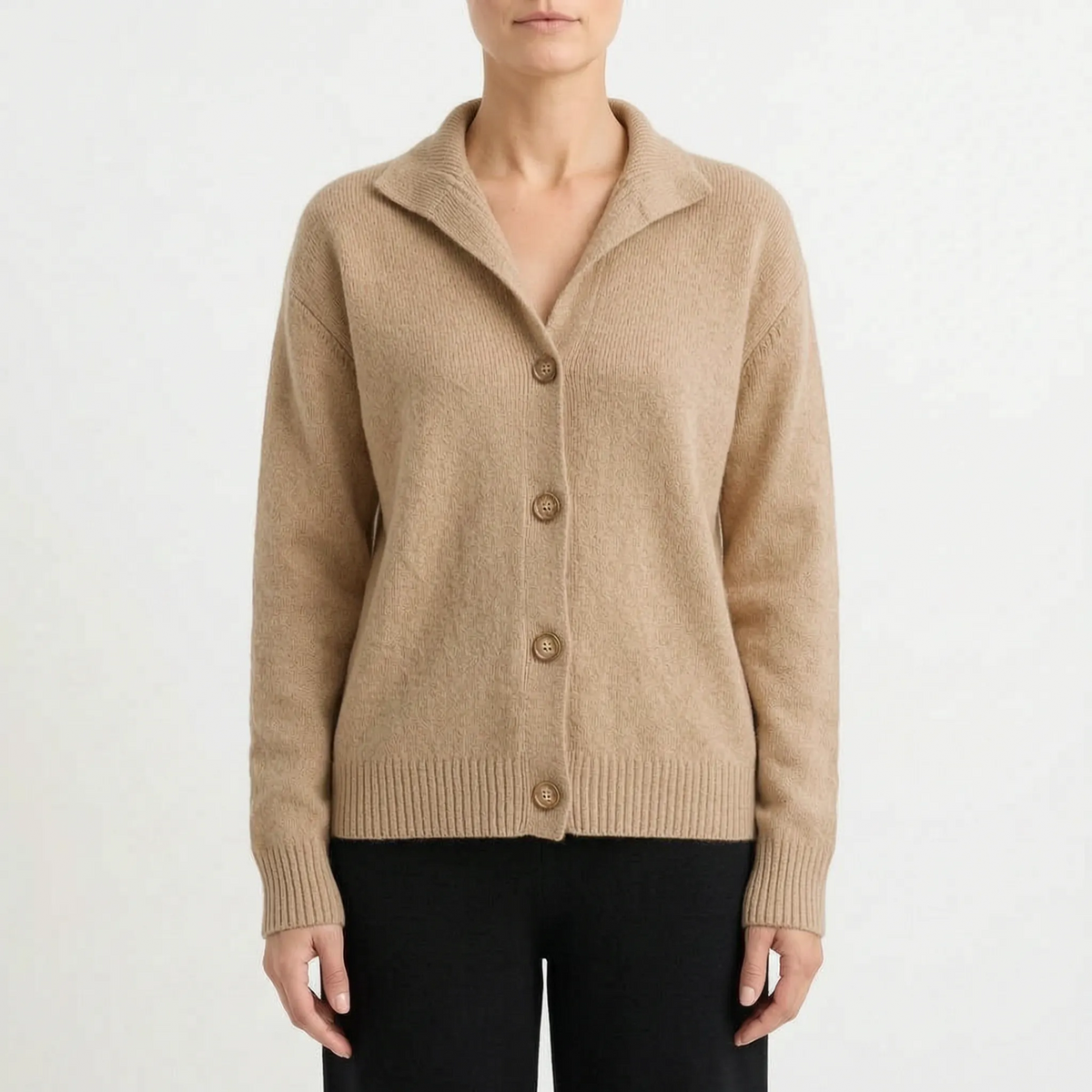 Women's collared textured knit cardigan with long sleeves and button front