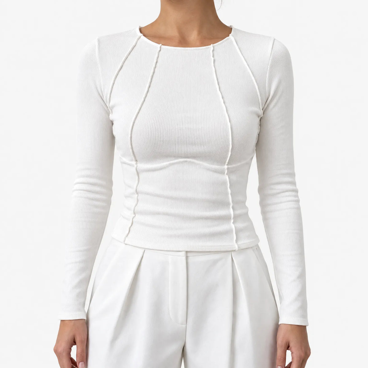 Women's fitted ribbed long sleeve top with round neck and curved front seams