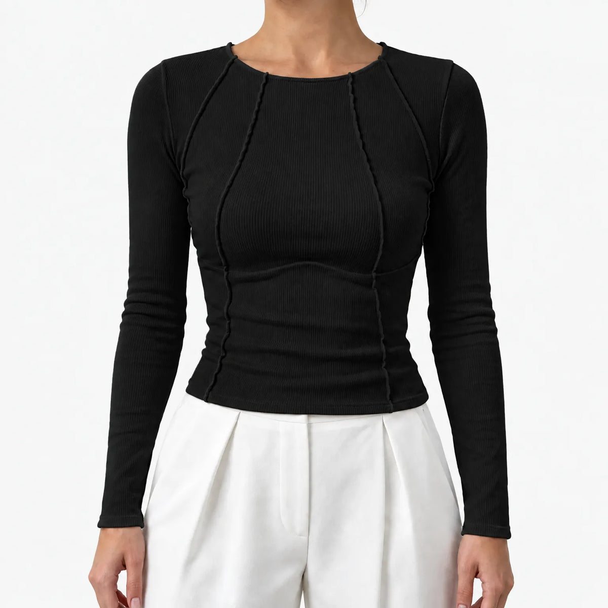 Women's fitted ribbed long sleeve top with round neck and curved front seams