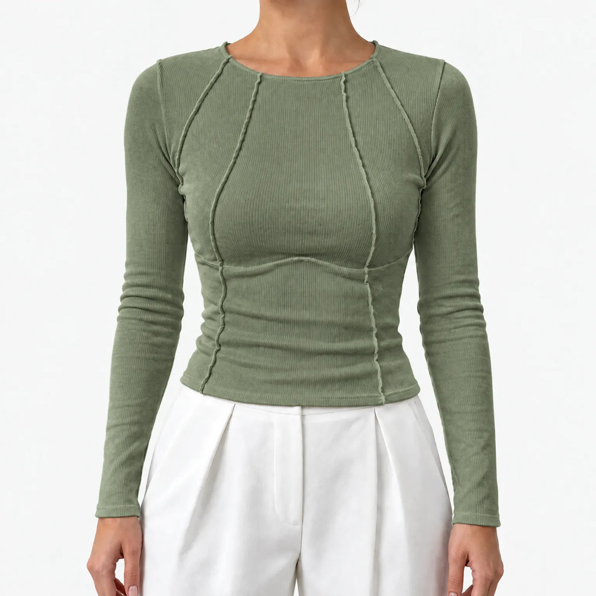 Women's fitted ribbed long sleeve top with round neck and curved front seams