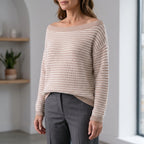 Women's striped off-shoulder jumper with long sleeves and ribbed trims