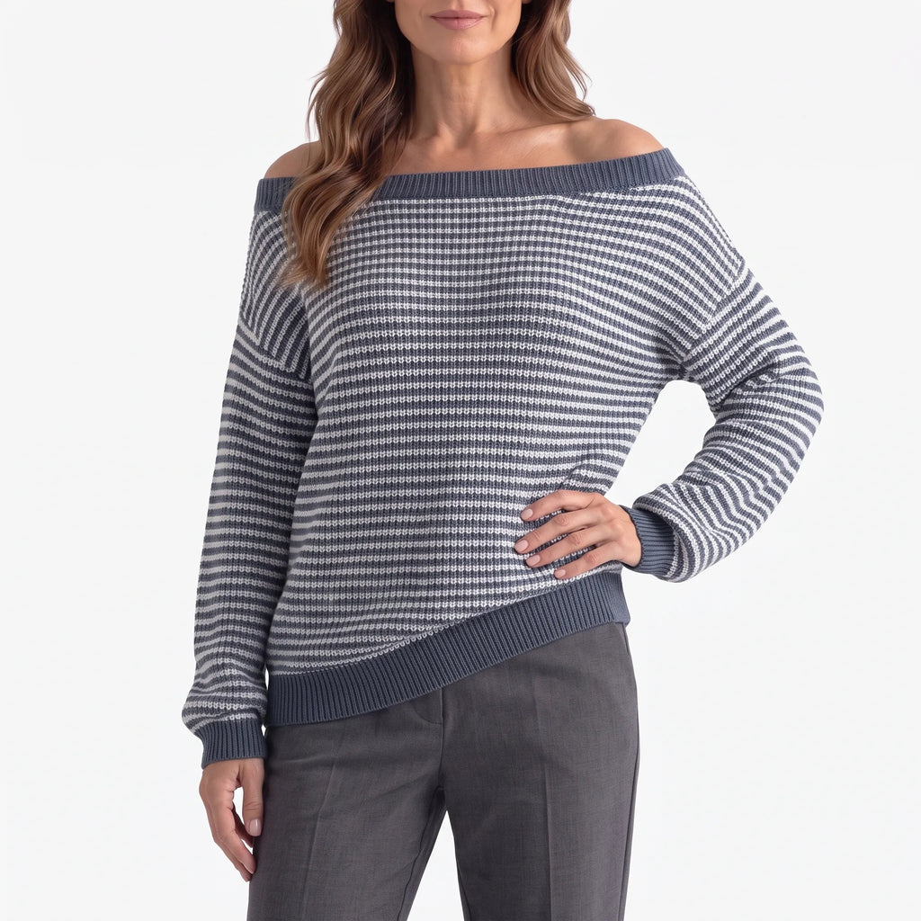 Women's striped off-shoulder jumper with long sleeves and ribbed trims