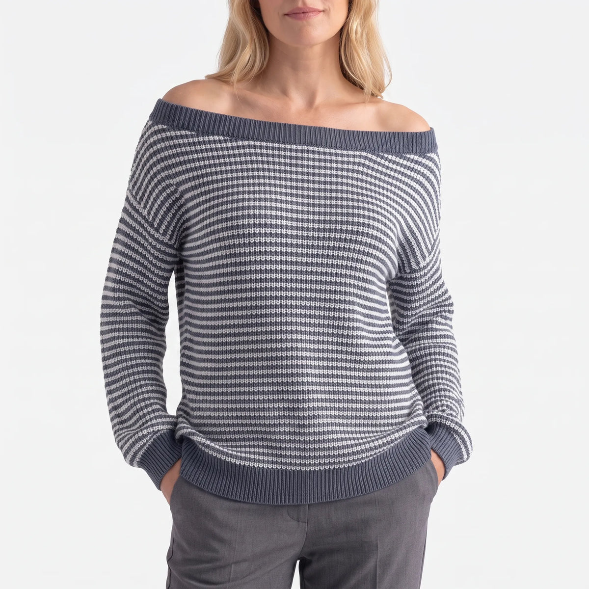 Women's striped off-shoulder jumper with long sleeves and ribbed trims