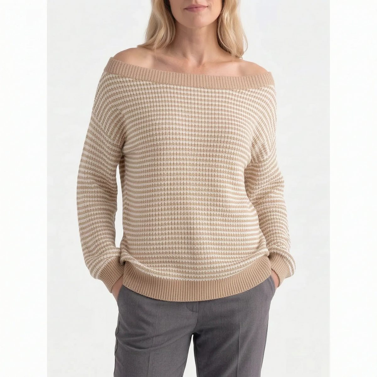 Women's striped off-shoulder jumper with long sleeves and ribbed trims