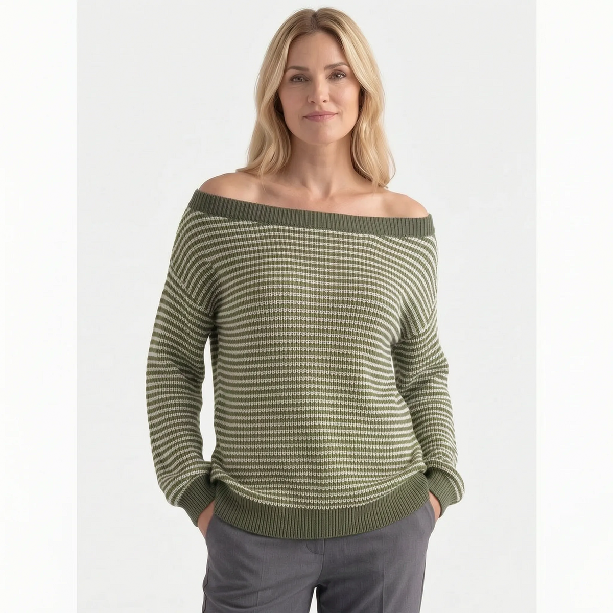 Women's striped off-shoulder jumper with long sleeves and ribbed trims