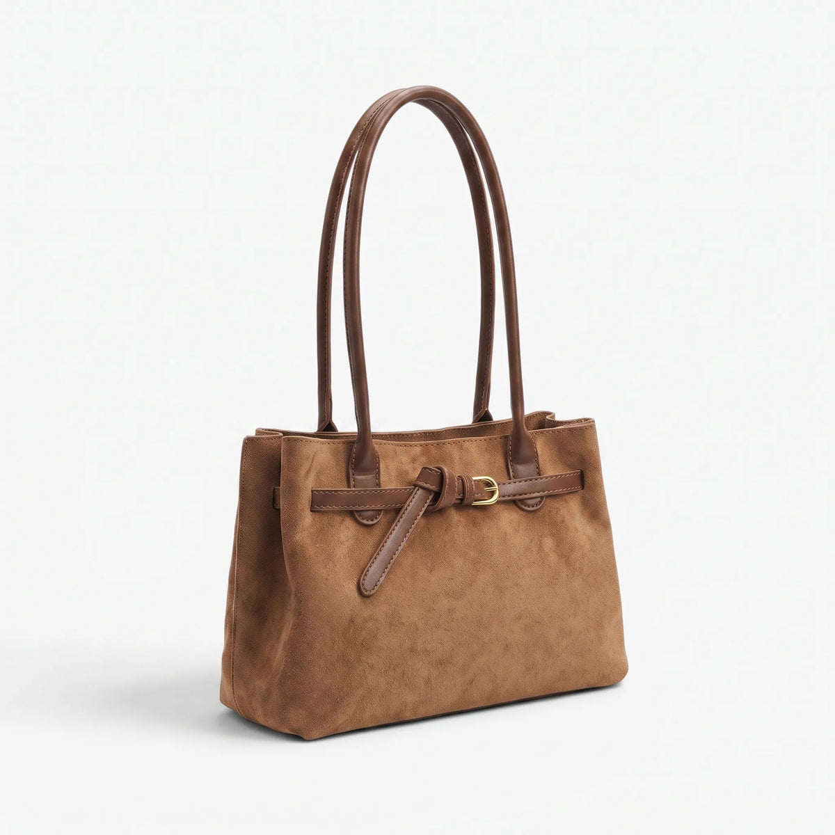 Structured women's tote bag with dual handles and front belt buckle detail