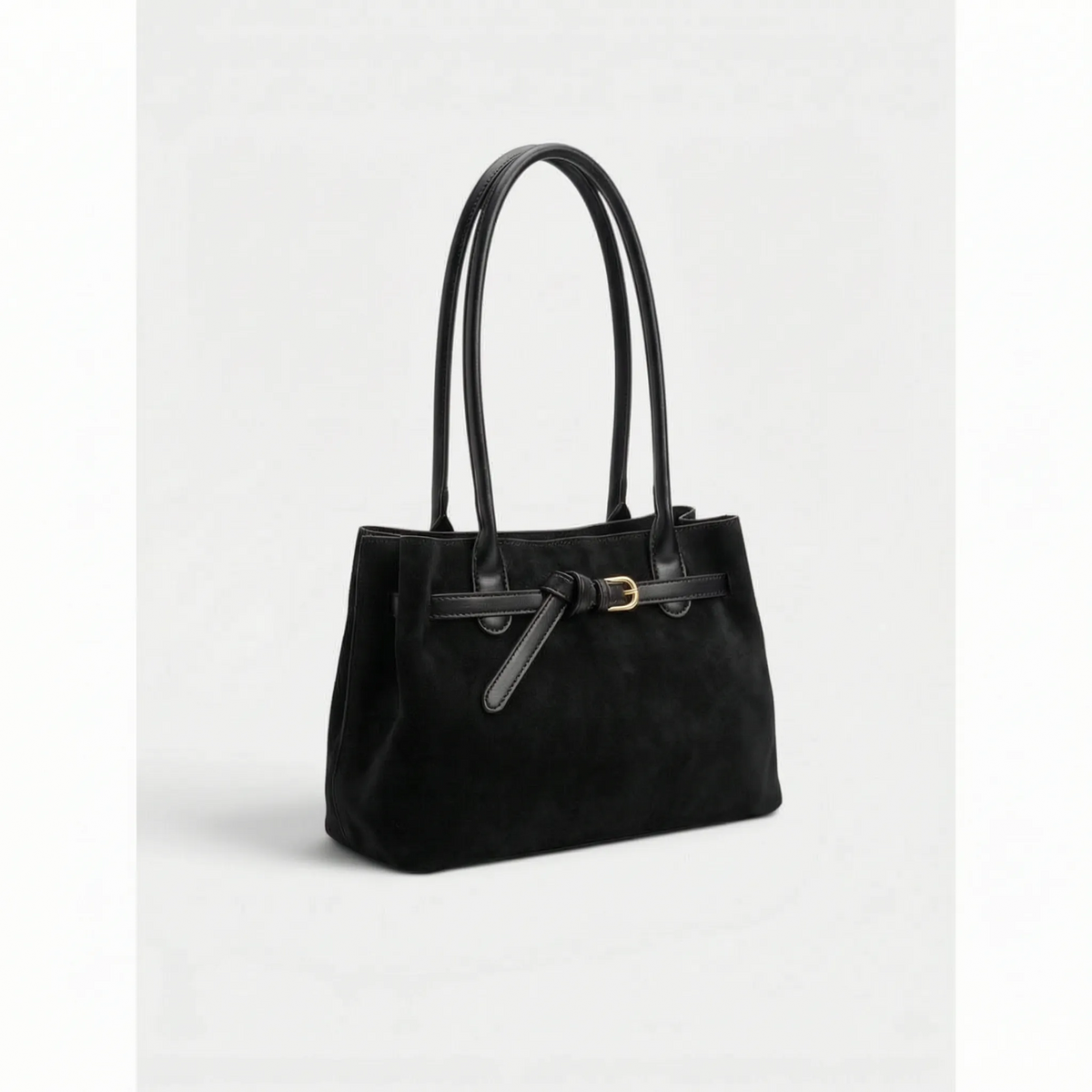 Structured women's tote bag with dual handles and front belt buckle detail