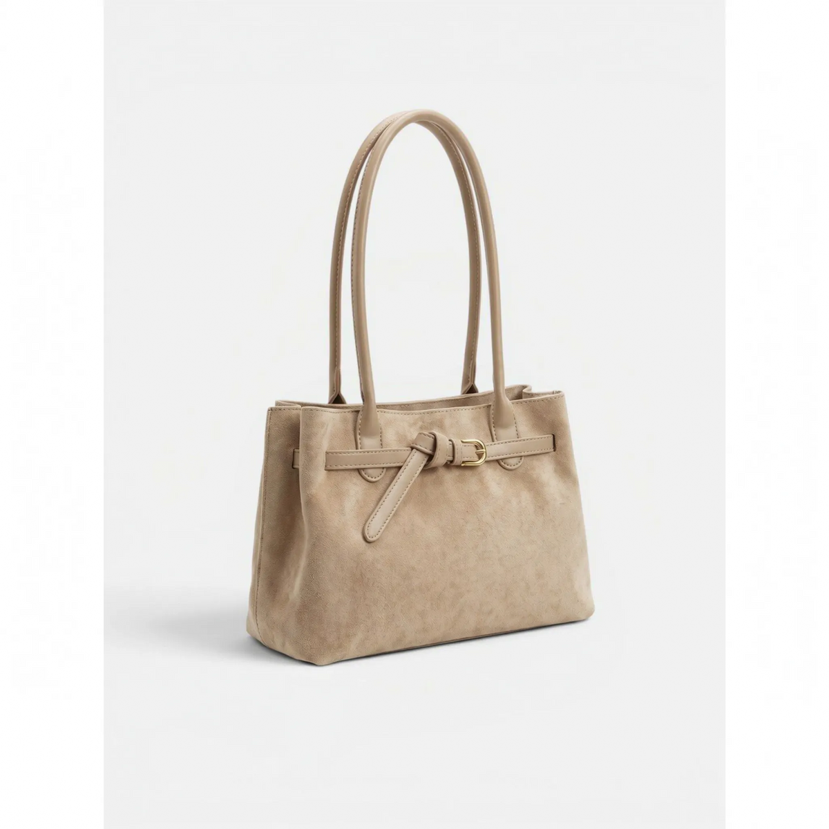 Structured women's tote bag with dual handles and front belt buckle detail
