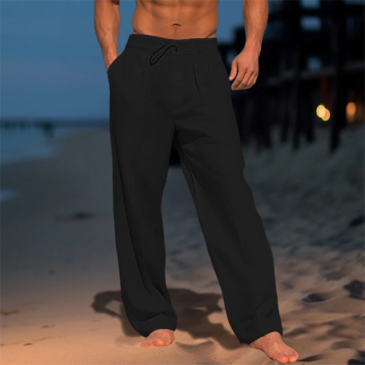 Men's wide plain trousers with drawstring waist and side pockets