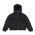 Black hooded cropped puffer jacket with zip front and snap pockets