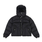 Black hooded cropped puffer jacket with zip front and snap pockets