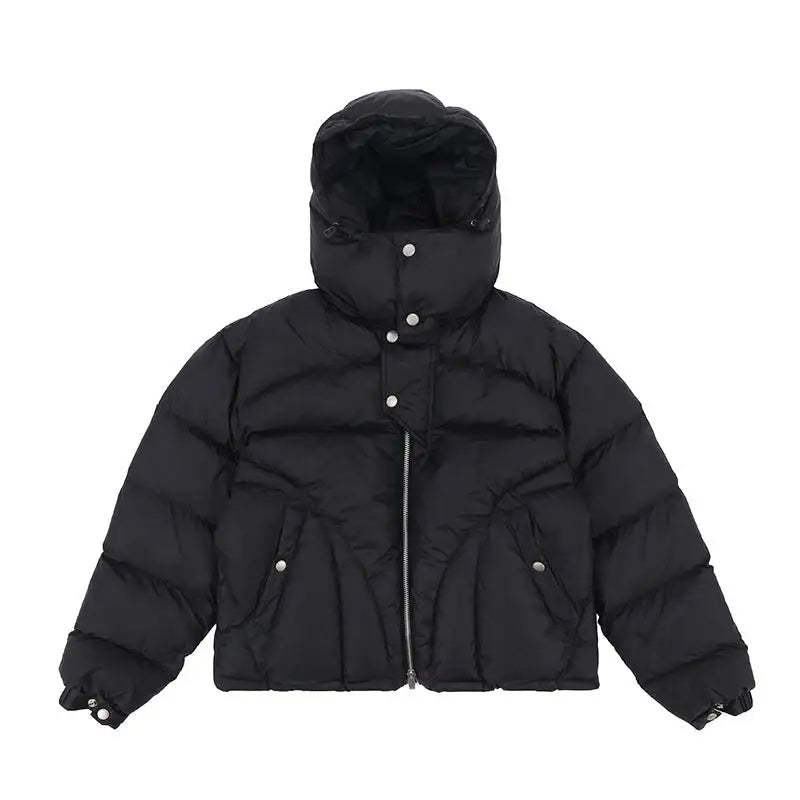 Black hooded cropped puffer jacket with zip front and snap pockets