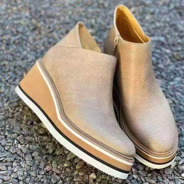 Women's platform wedge ankle boots with round toes and side zips
