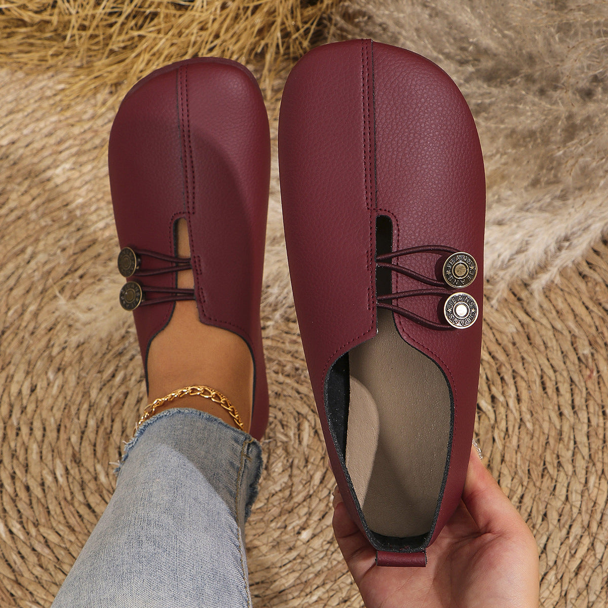 Women's flat slip-on shoes with elastic lace detail and round buttons