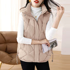 Women's quilted padded gilet with hood, zip front and patch pockets