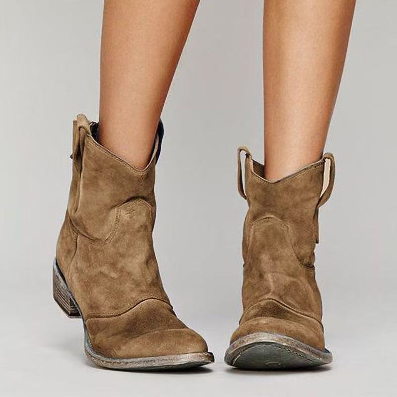 Women's ankle boots with pull tabs, stitched panels and block heels