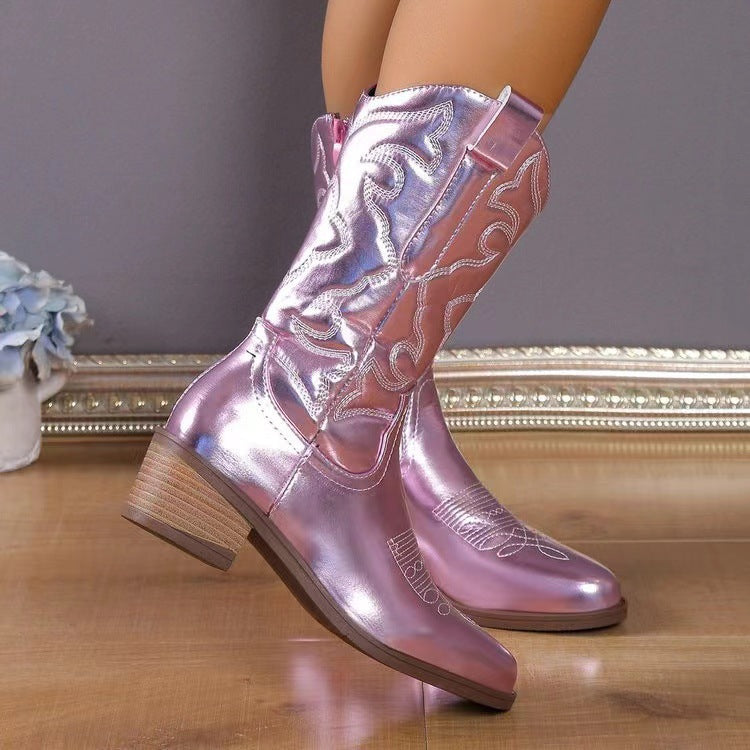 Women's mid-calf cowboy boots with embroidered western detailing and block heels