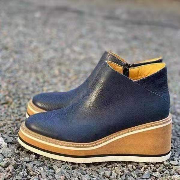 Women's platform wedge ankle boots with round toes and side zips