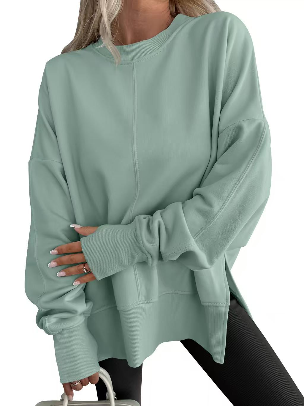 Women's oversized plain sweatshirt with crew neck, drop shoulders and long sleeves