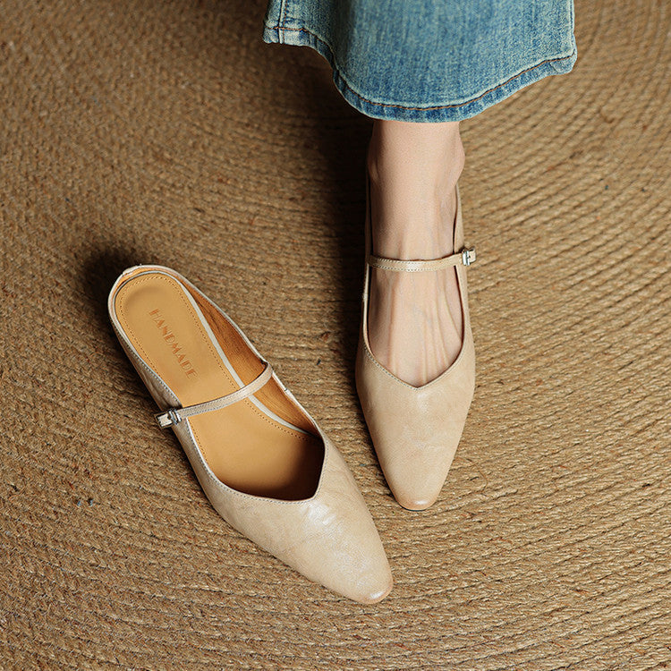Women's pointed ballet flats with buckle straps and low heels