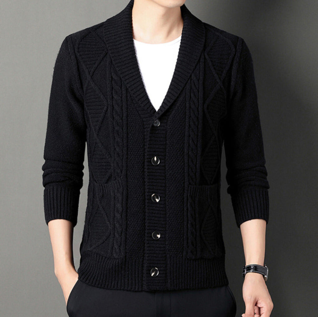 Men's textured shawl collar cardigan with button front, long sleeves and ribbed trims