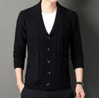 Men's textured shawl collar cardigan with button front, long sleeves and ribbed trims