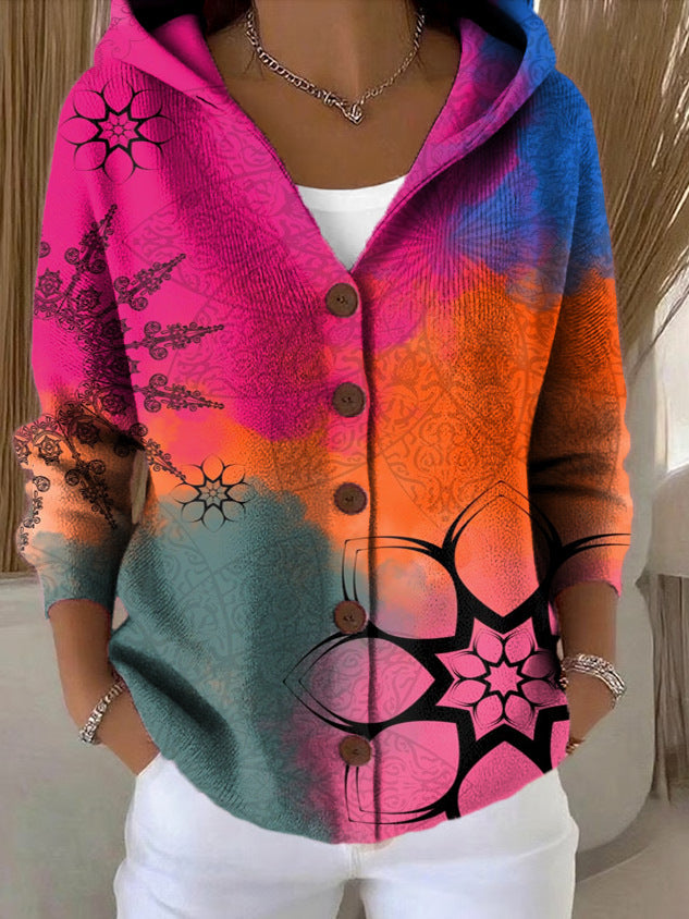 Women's hooded button cardigan shown in multicoloured patchwork and bee motif designs