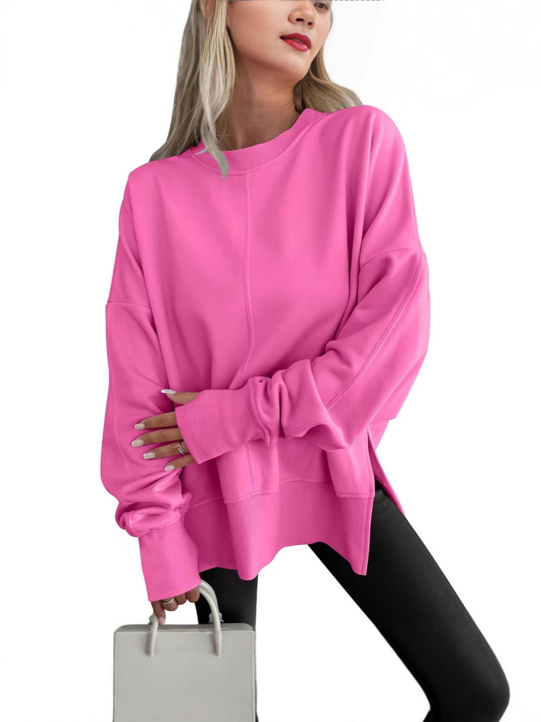 Women's oversized plain sweatshirt with crew neck, drop shoulders and long sleeves