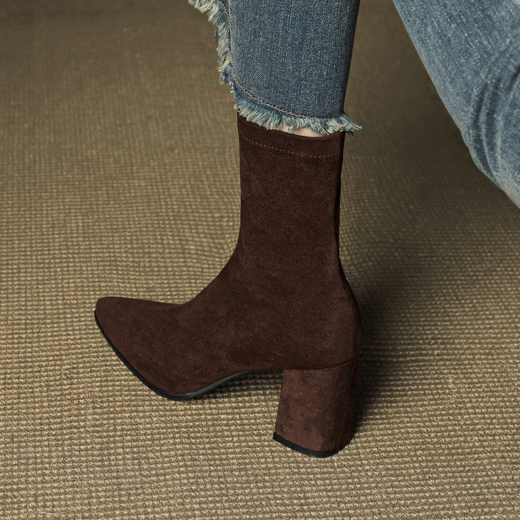 Women's pointed-toe ankle boots with block heels and side zips
