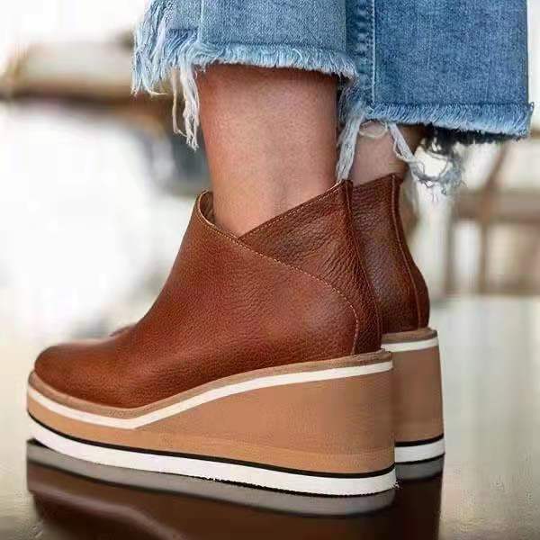 Women's platform wedge ankle boots with round toes and side zips
