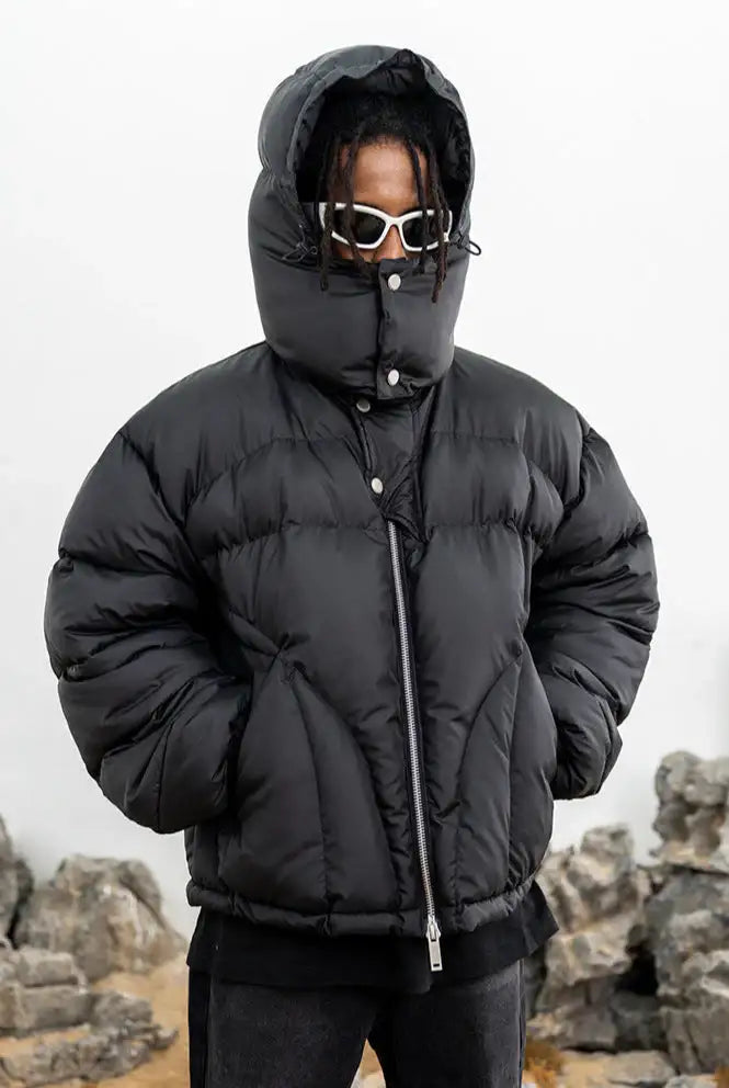 Black hooded cropped puffer jacket with zip front and snap pockets