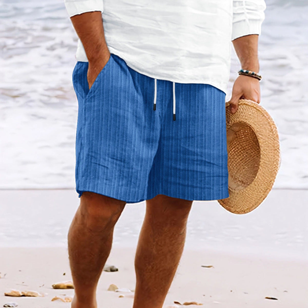Men's striped drawstring beach shorts with side pockets