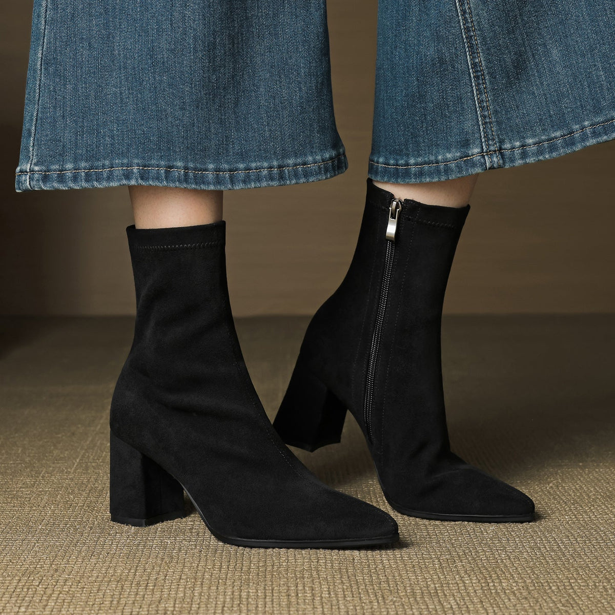 Women's pointed-toe ankle boots with block heels and side zips