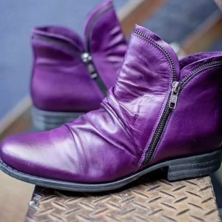 Women's ankle boots with side zips, ruched detailing and low heels