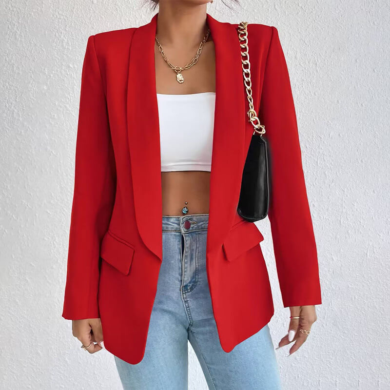Women's open front long sleeve blazer with notched lapels and flap pockets