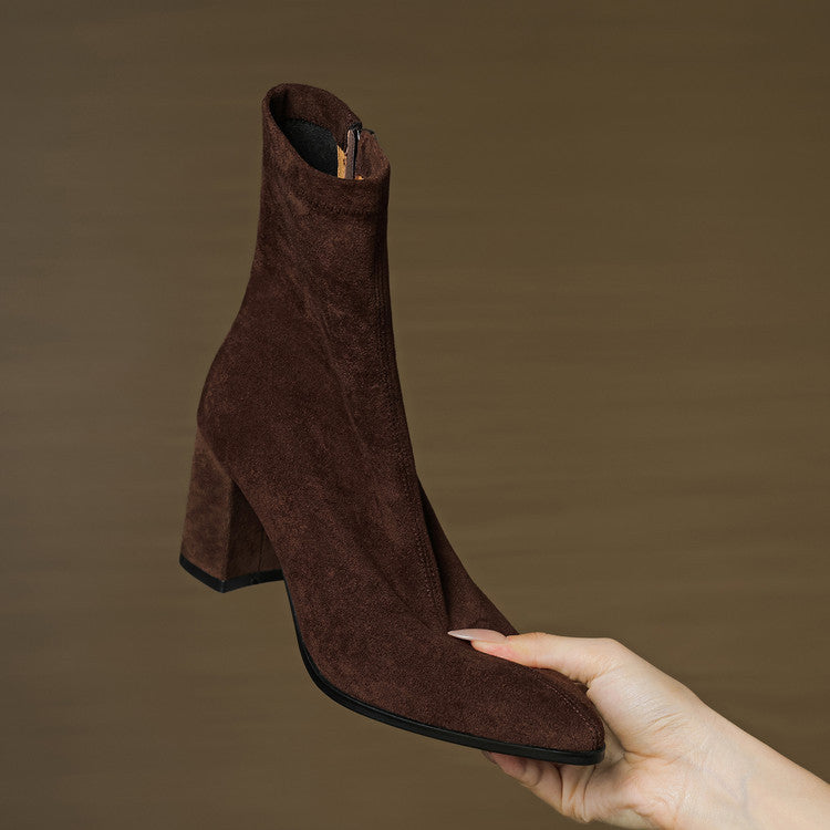 Women's pointed-toe ankle boots with block heels and side zips