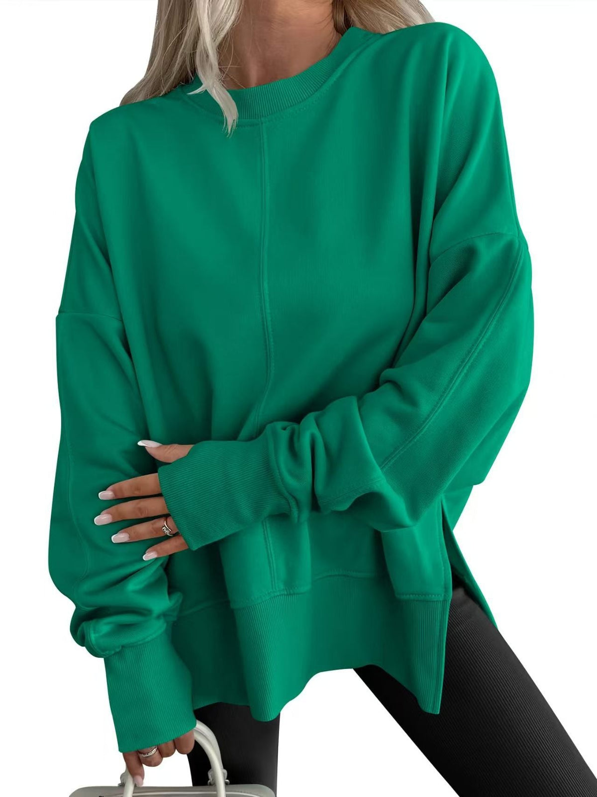 Women's oversized plain sweatshirt with crew neck, drop shoulders and long sleeves