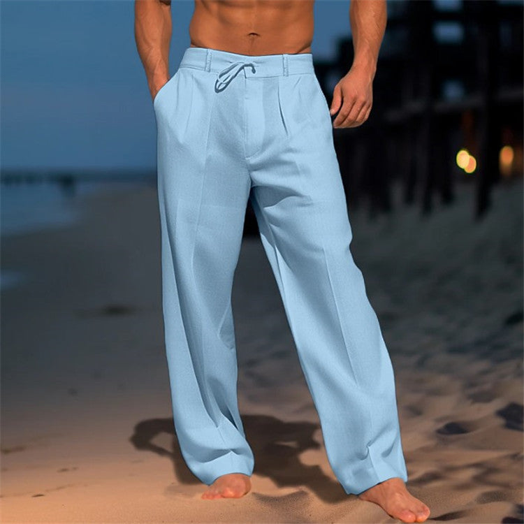 Men's wide plain trousers with drawstring waist and side pockets