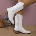 Women's mid-calf cowboy boots with embroidered western detailing and block heels