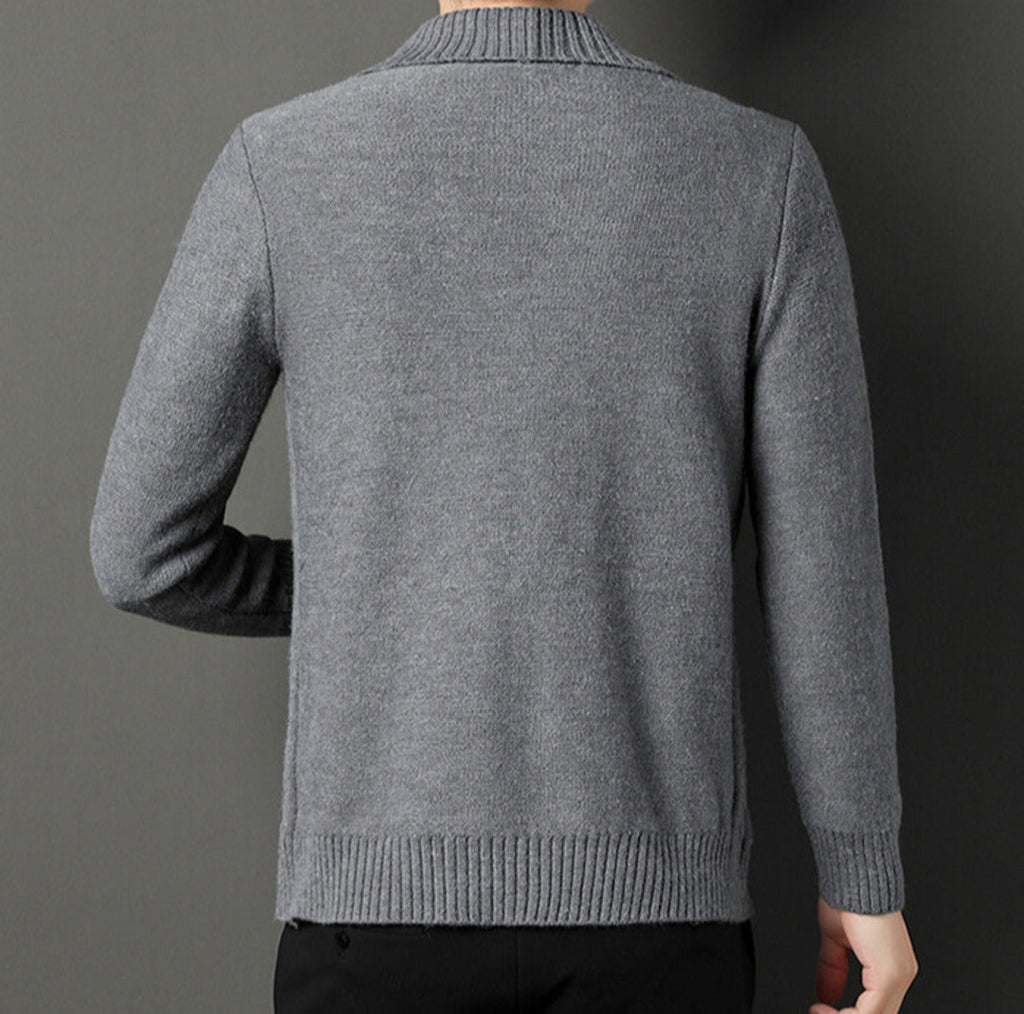 Men's textured shawl collar cardigan with button front, long sleeves and ribbed trims