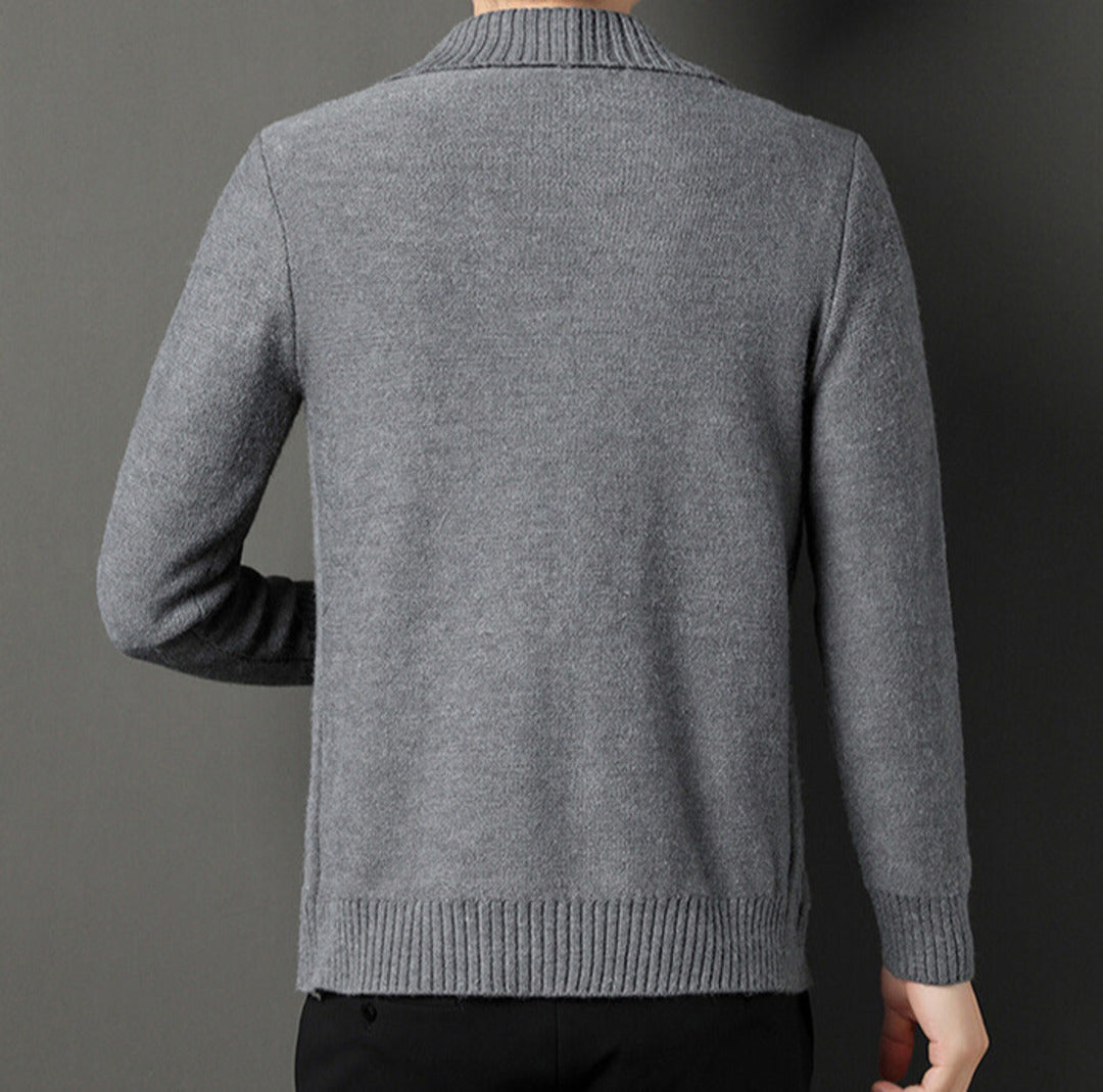 Men's textured shawl collar cardigan with button front, long sleeves and ribbed trims