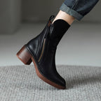 Women's ankle boots with side zips, almond toes and ribbed block heels