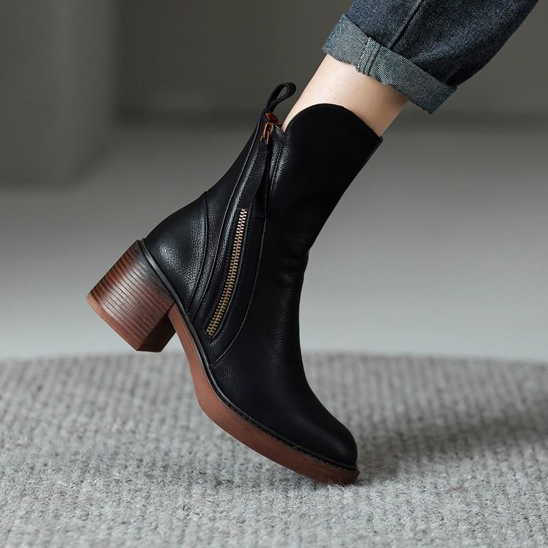 Women's ankle boots with side zips, almond toes and ribbed block heels