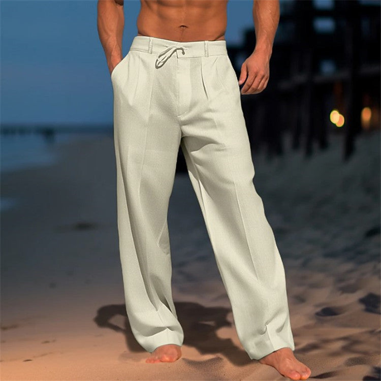 Men's wide plain trousers with drawstring waist and side pockets